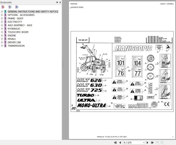 Manitou Telehandler MLT 626 TURBO MONO ULTRA S3 Parts Catalog 547001
