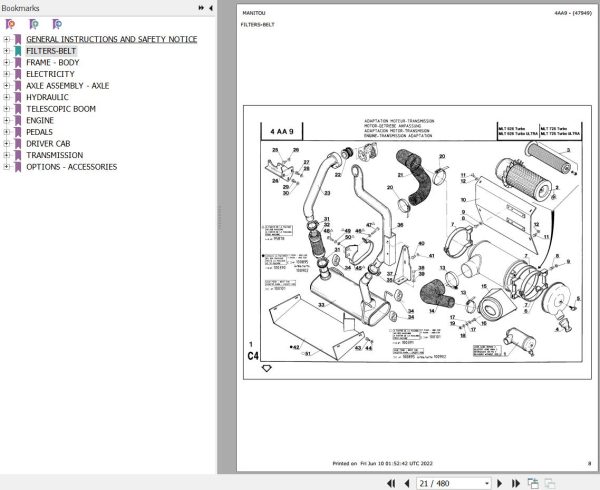 Manitou Telehandler MLT 626 TURBO S2 Parts Catalog 47949