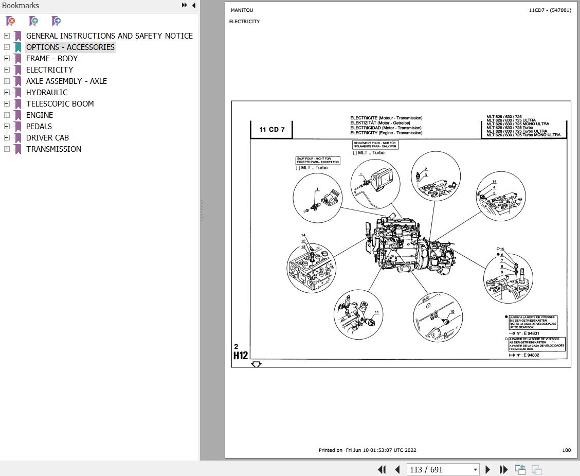 Manitou Telehandler MLT 626 TURBO S3 Parts Catalog 547001
