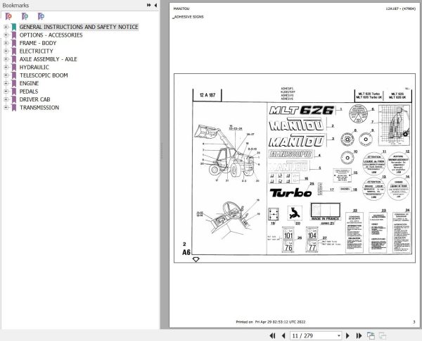 Manitou Telehandler MLT 626 UK Parts Catalog 47904