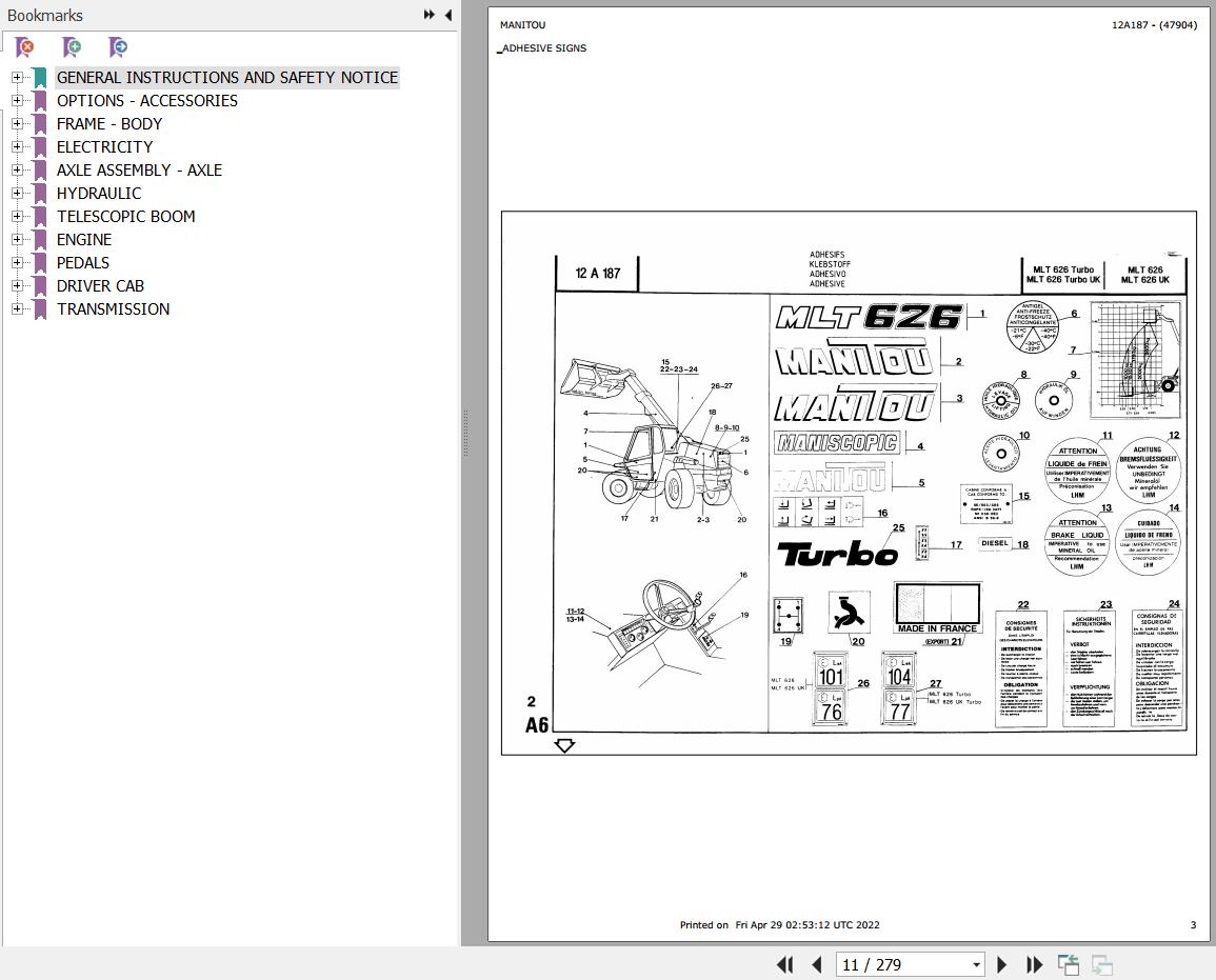 Manitou Telehandler MLT 626 UK Parts Catalog 47904