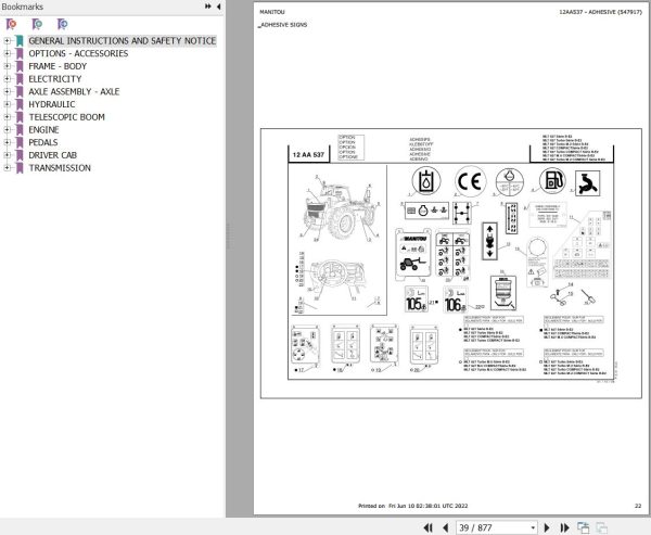 Manitou Telehandler MLT 627 COMPACT SB E2 Parts Catalog 547884
