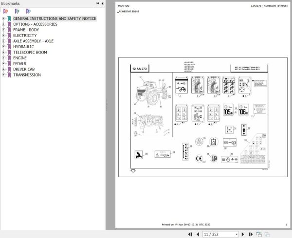 Manitou Telehandler MLT 627 COMPACT SB E2 USA Parts Catalog 547906