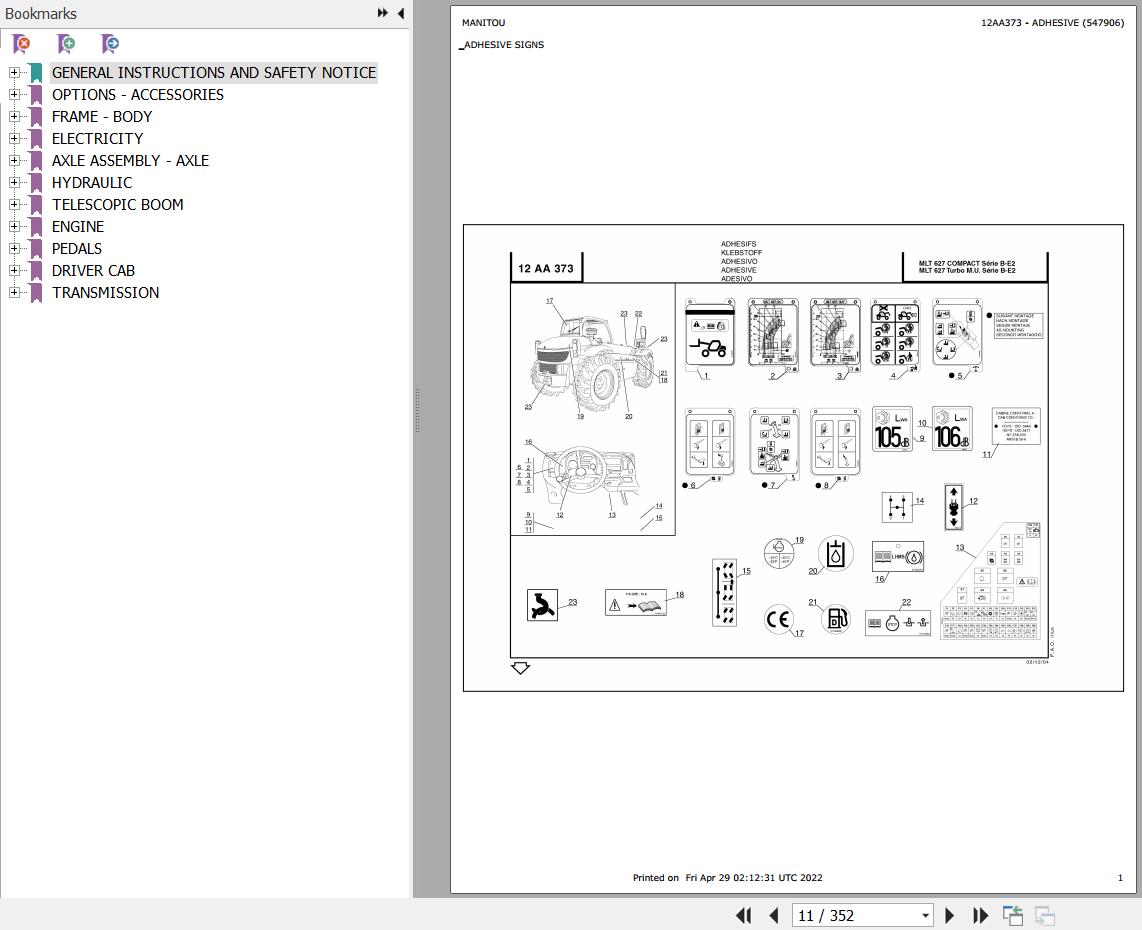 Manitou Telehandler MLT 627 COMPACT SB E2 USA Parts Catalog 547906