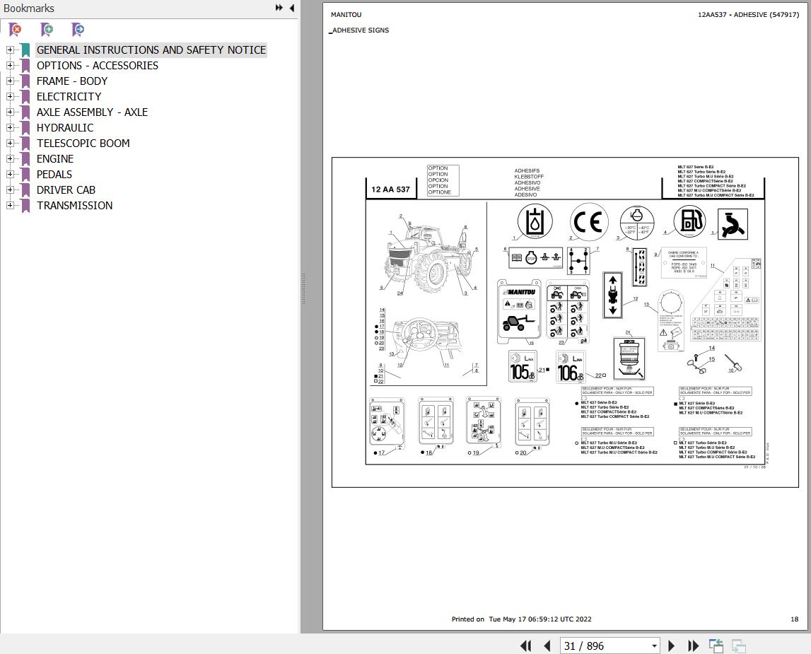 Manitou Telehandler MLT 627 TURBO COMPACT SB E2 Parts Catalog 547884