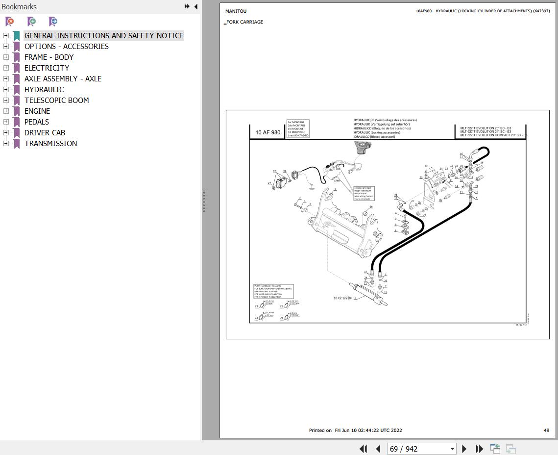 Manitou Telehandler MLT 627 TURBO EVOLUTION 20P SC E3 Parts Catalog 647001