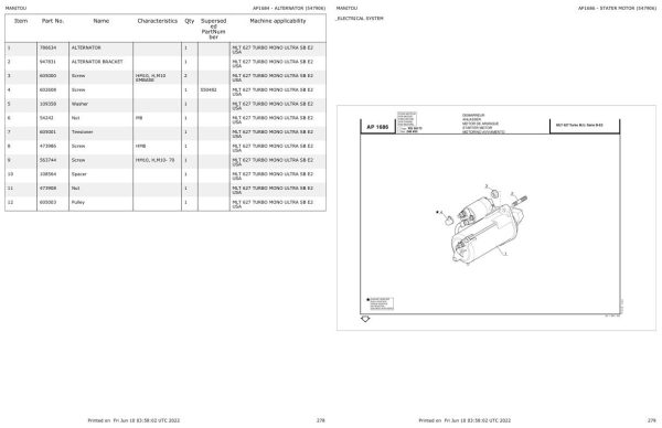Manitou Telehandler MLT 627 TURBO MONO ULTRA SB E2 USA Parts Catalog 547906 1