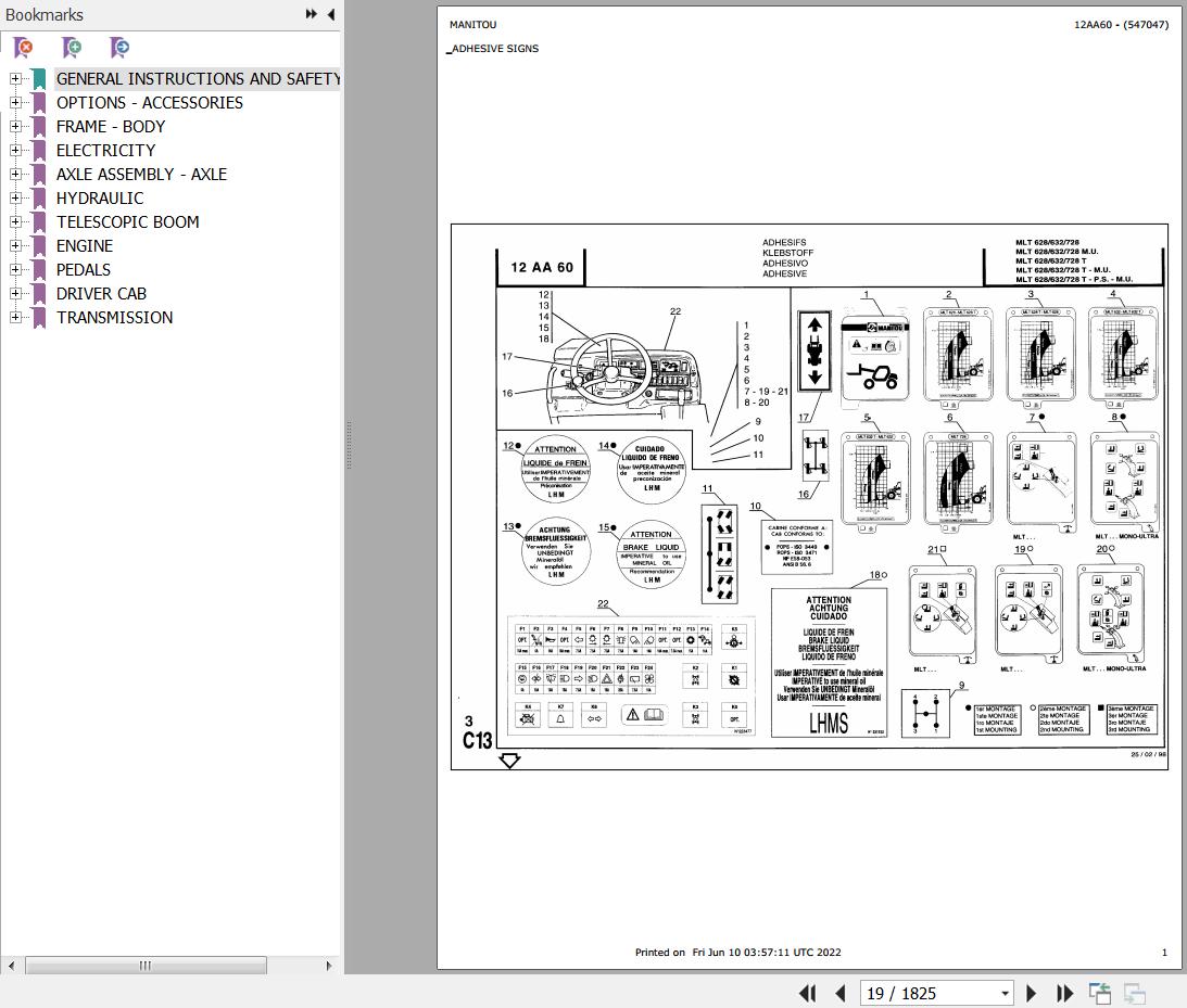 Manitou Telehandler MLT 628 Parts Catalog 547047