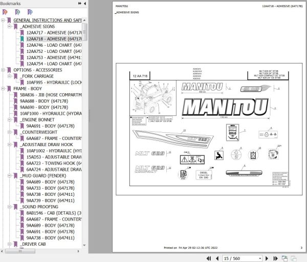 Manitou Telehandler MLT 629 COMPACT 20P ST3B Parts Catalog 647178