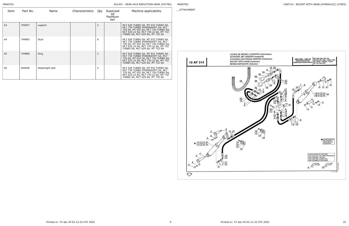 Manitou Telehandler MLT 629 LS S.A to MLT 120 LS PS S.A Parts Catalog 547785