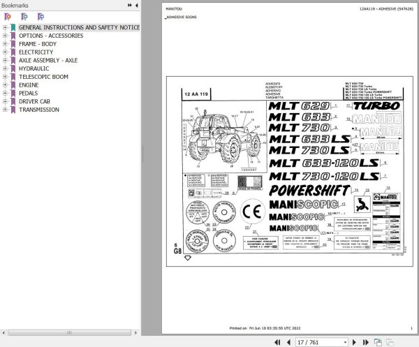 Manitou Telehandler MLT 629 Parts Catalog 547628