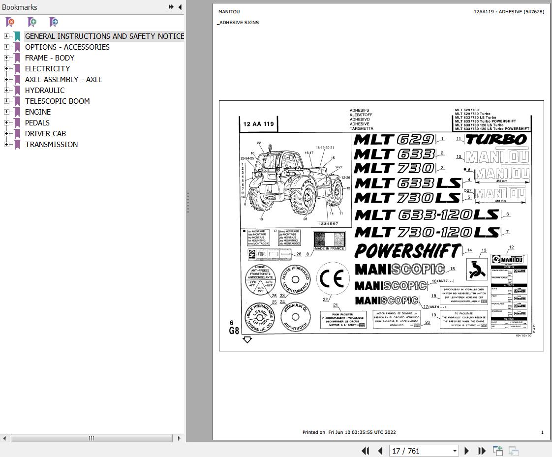 Manitou Telehandler MLT 629 Parts Catalog 547628
