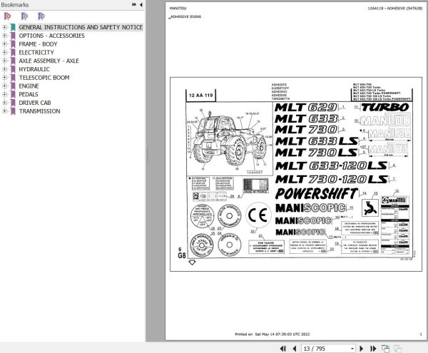 Manitou Telehandler MLT 629 TURBO Parts Catalog 547628
