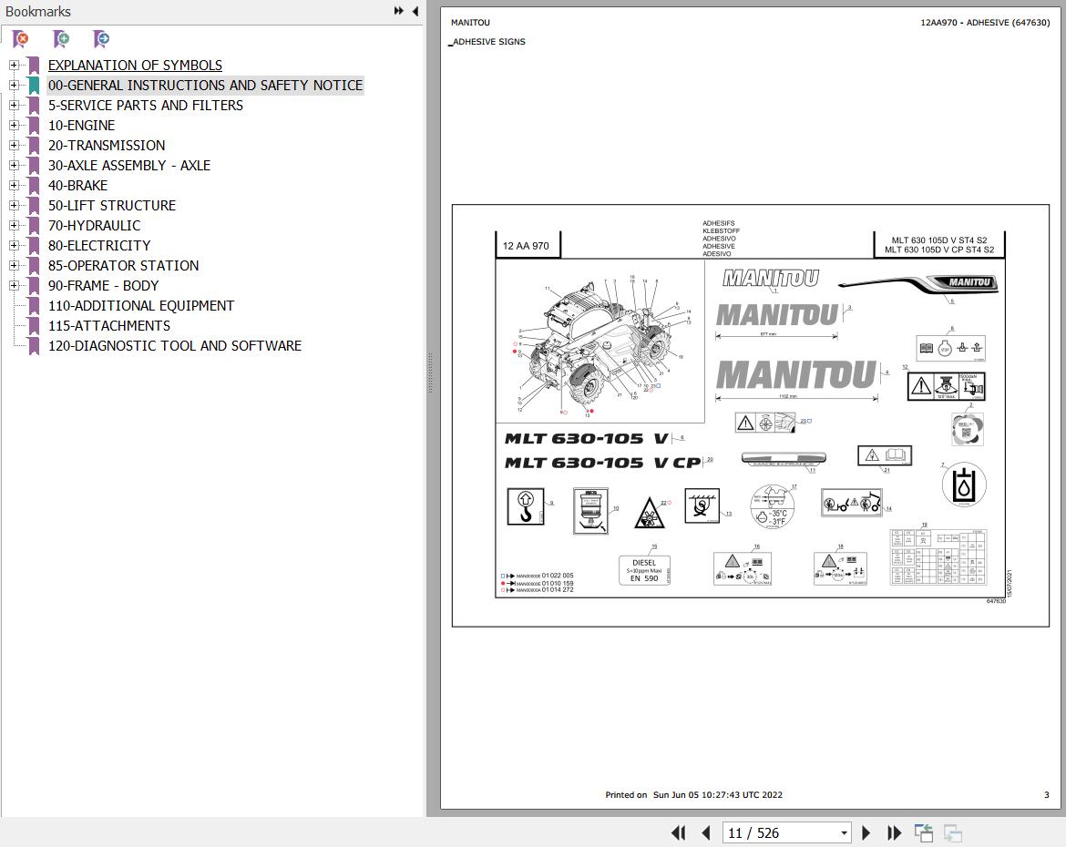 Manitou Telehandler MLT 630 105D V CP ST4 S2 Parts Catalog 647630