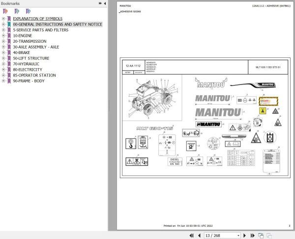 Manitou Telehandler MLT 630 115D ST5 S1 Parts Catalog 647861
