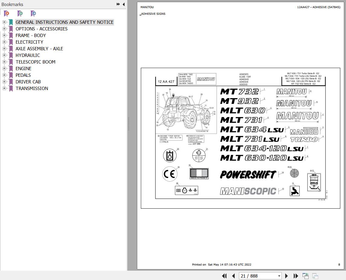 Manitou Telehandler MLT 630 120 LSU SB E2 Parts Catalog 547845