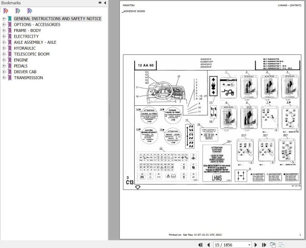 Manitou Telehandler MLT 632 MONO ULTRA Parts Catalog 547047