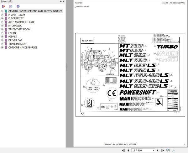 Manitou Telehandler MLT 633 120 LS POWERSHIFT SA Parts Catalog 547814
