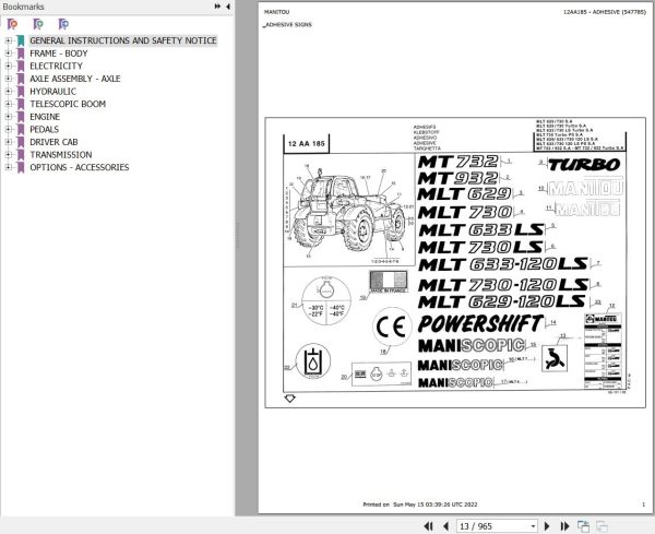 Manitou Telehandler MLT 633 120 LS SA Parts Catalog 547785