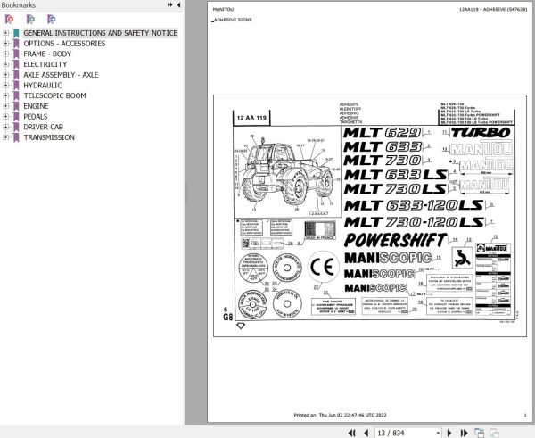 Manitou Telehandler MLT 633 120 LS TURBO POWERSHIFT Parts Catalog 547628