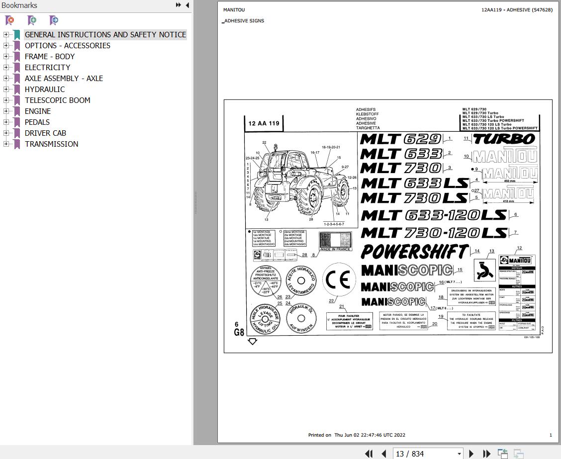 Manitou Telehandler MLT 633 120 LS TURBO POWERSHIFT Parts Catalog 547628