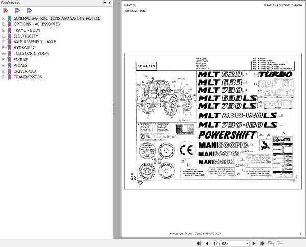 Manitou Telehandler MLT 633 120 LS TURBO Parts Catalog 547628