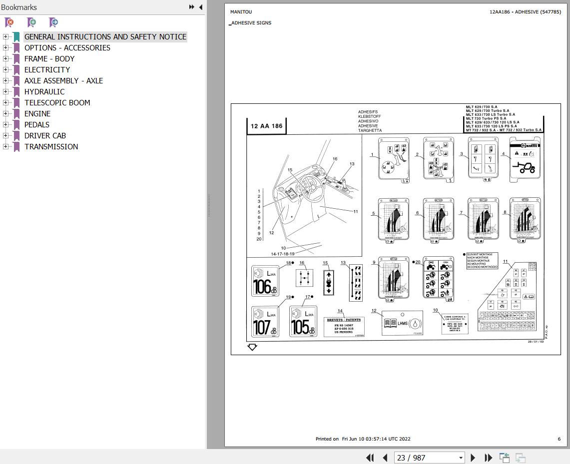 Manitou Telehandler MLT 633 LS TURBO SA Parts Catalog 547785