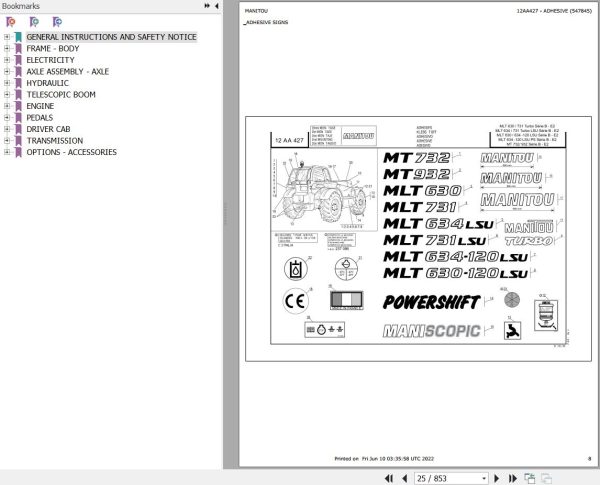 Manitou Telehandler MLT 634 120 LSU POWERSHIFT SB E2 Parts Catalog 547845