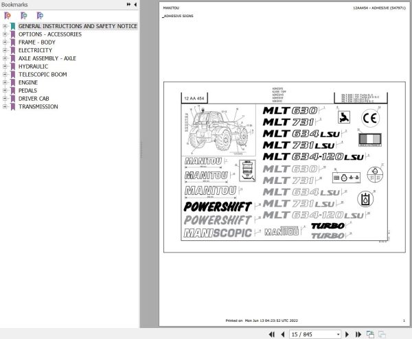 Manitou Telehandler MLT 634 120 LSU POWERSHIFT SC E2 Parts Catalog 547971