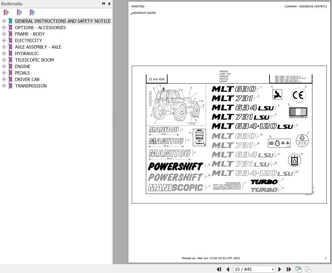 Manitou Telehandler MLT 634 120 LSU POWERSHIFT SC E2 Parts Catalog 547971