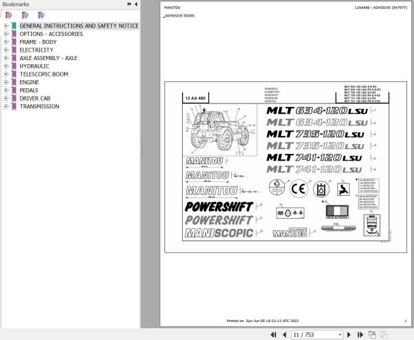 Manitou Telehandler MLT 634 120 LSU POWERSHIFT SD E3 Parts Catalog 547977