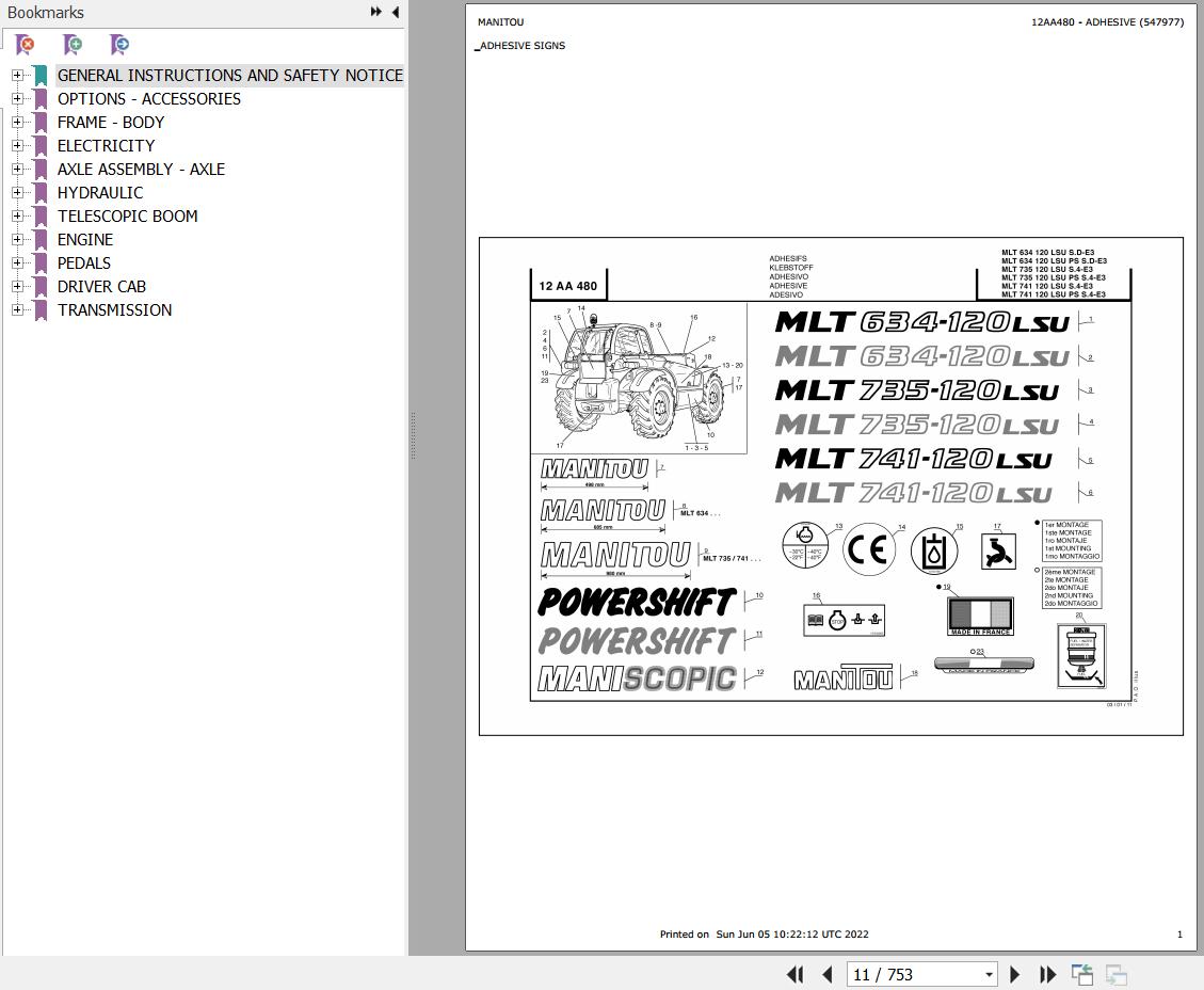 Manitou Telehandler MLT 634 120 LSU POWERSHIFT SD E3 Parts Catalog 547977