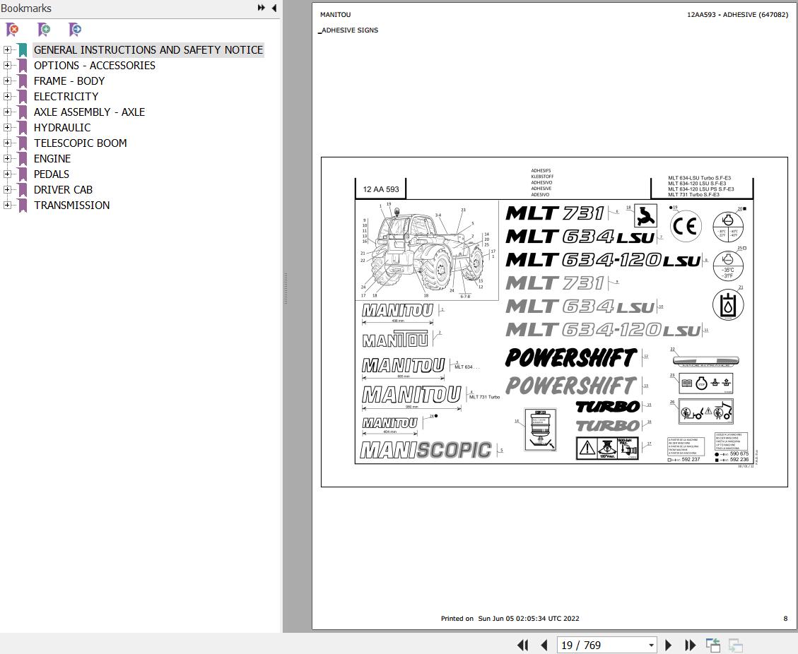 Manitou Telehandler MLT 634 120 LSU POWERSHIFT SF E3 Parts Catalog 647082
