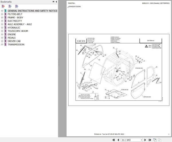 Manitou Telehandler MLT 634 120 LSU POWERSHIFT SG E3 Parts Catalog 647387