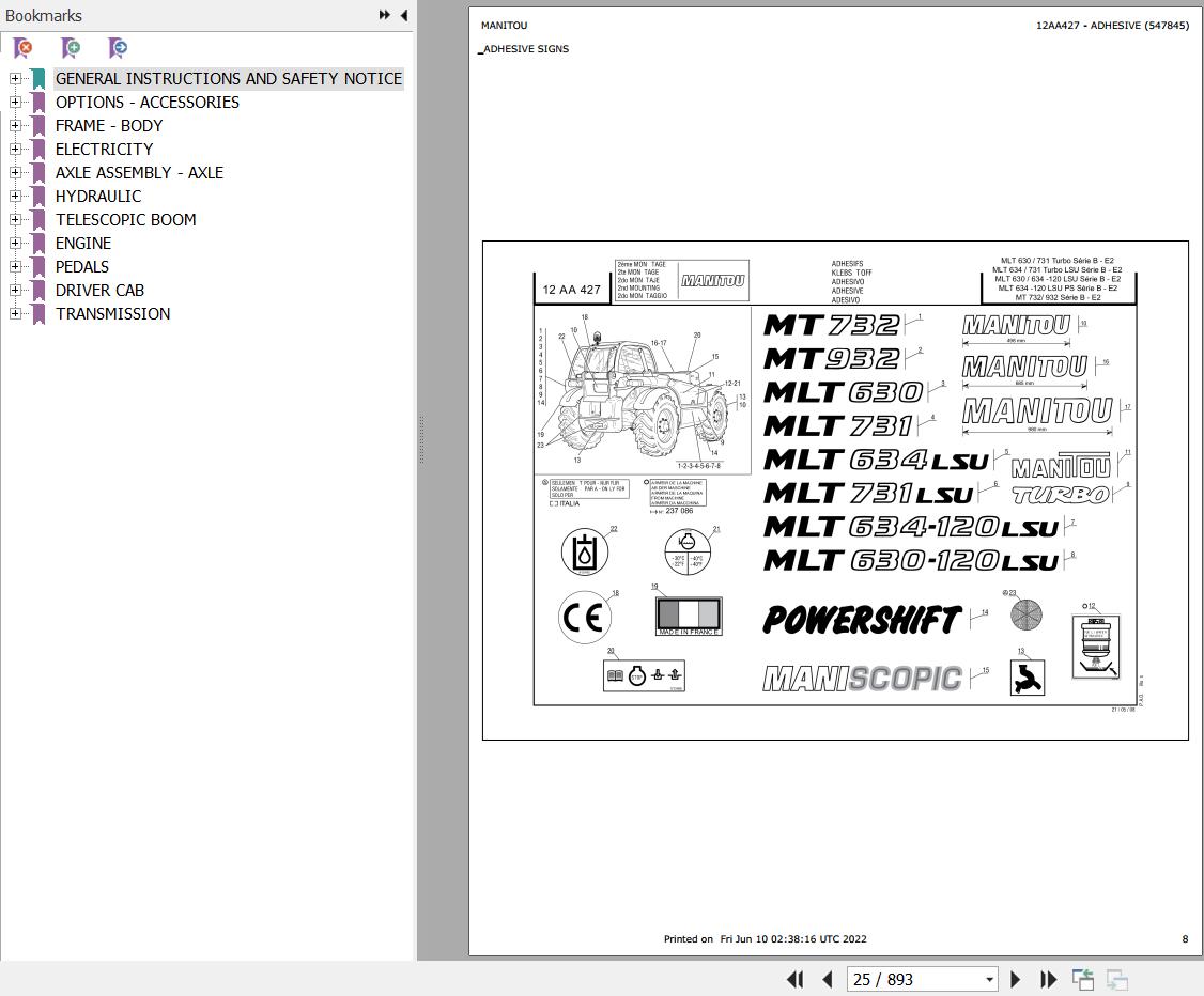 Manitou Telehandler MLT 634 120 LSU SB E2 Parts Catalog 547845