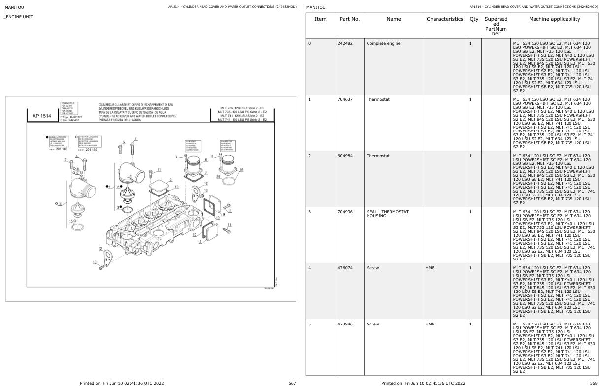 Manitou Telehandler MLT 634 120 LSU SB E2 Parts Catalog 547845
