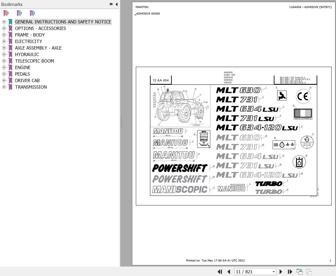 Manitou Telehandler MLT 634 120 LSU SC E2 Parts Catalog 547971