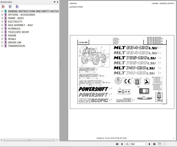 Manitou Telehandler MLT 634 120 LSU SD E3 Parts Catalog 547977