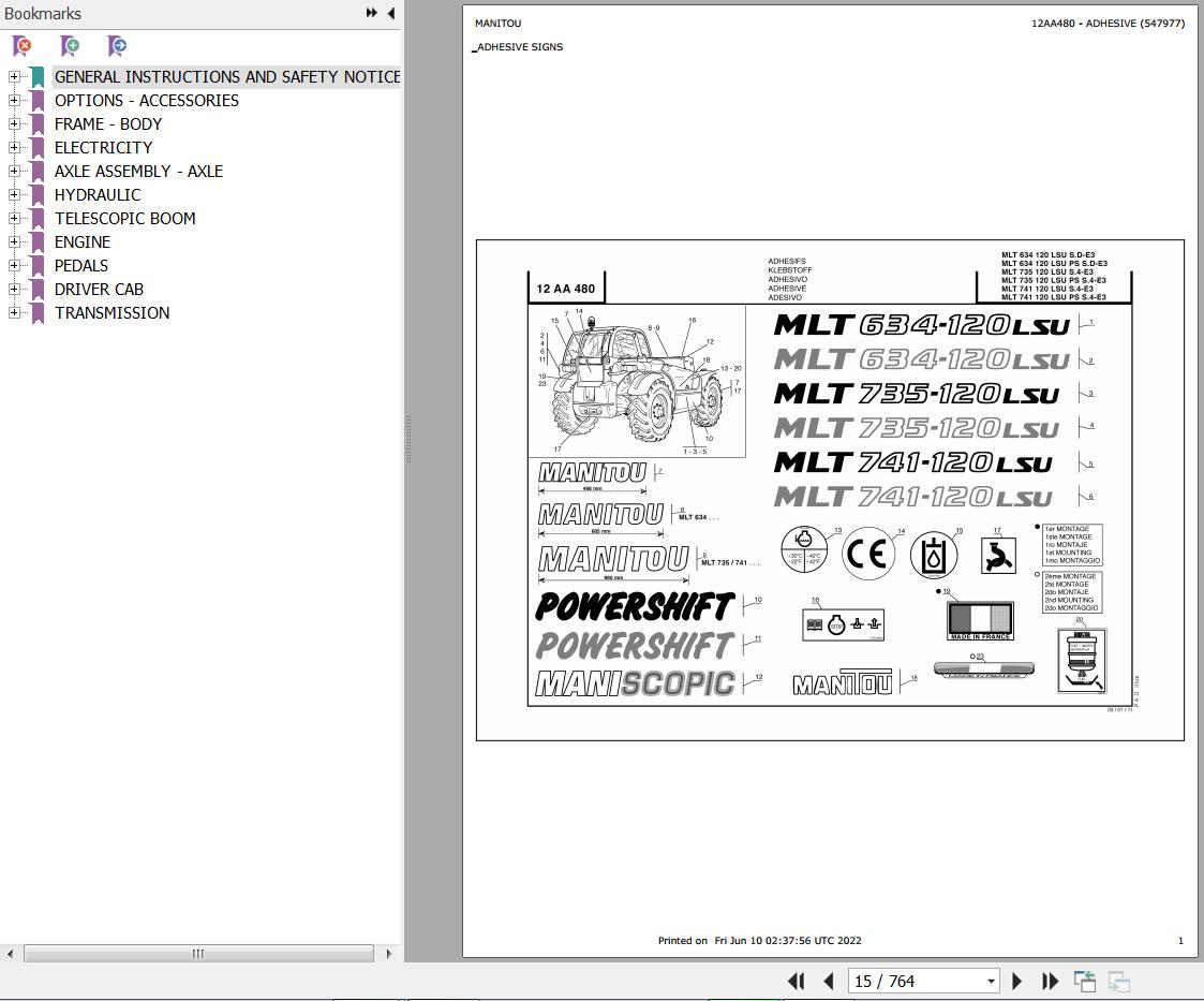 Manitou Telehandler MLT 634 120 LSU SD E3 Parts Catalog 547977
