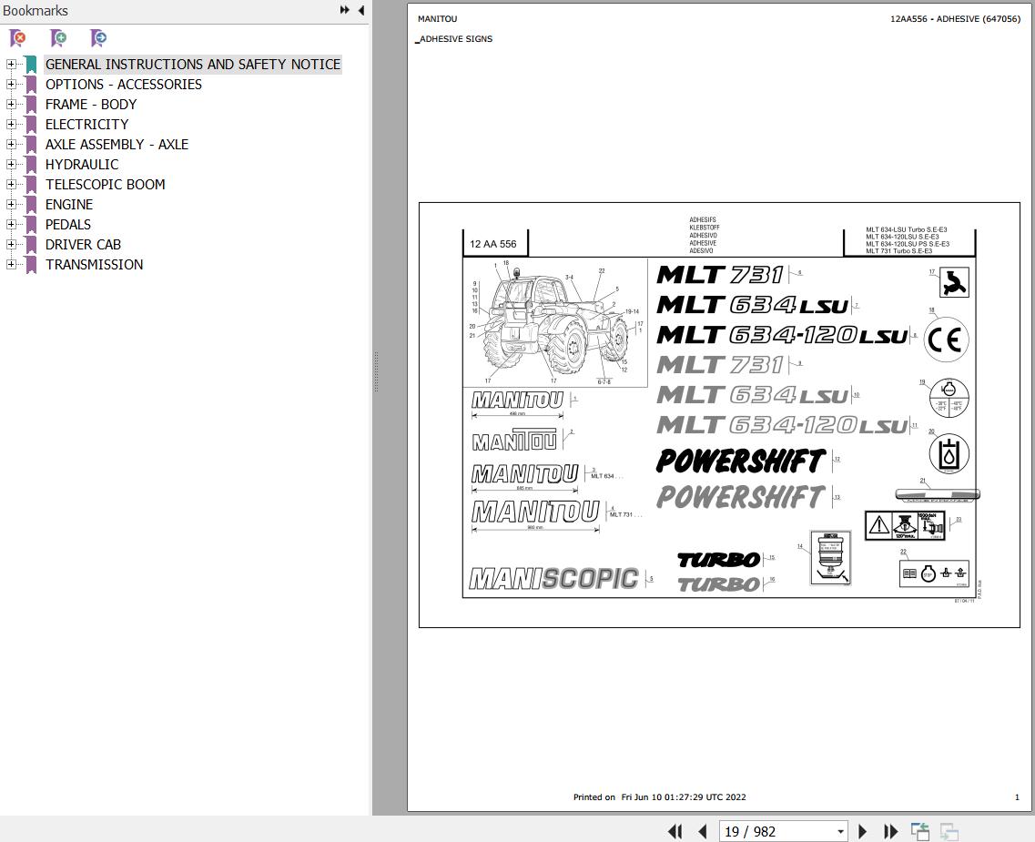 Manitou Telehandler MLT 634 120 LSU SE E3 Parts Catalog 647056