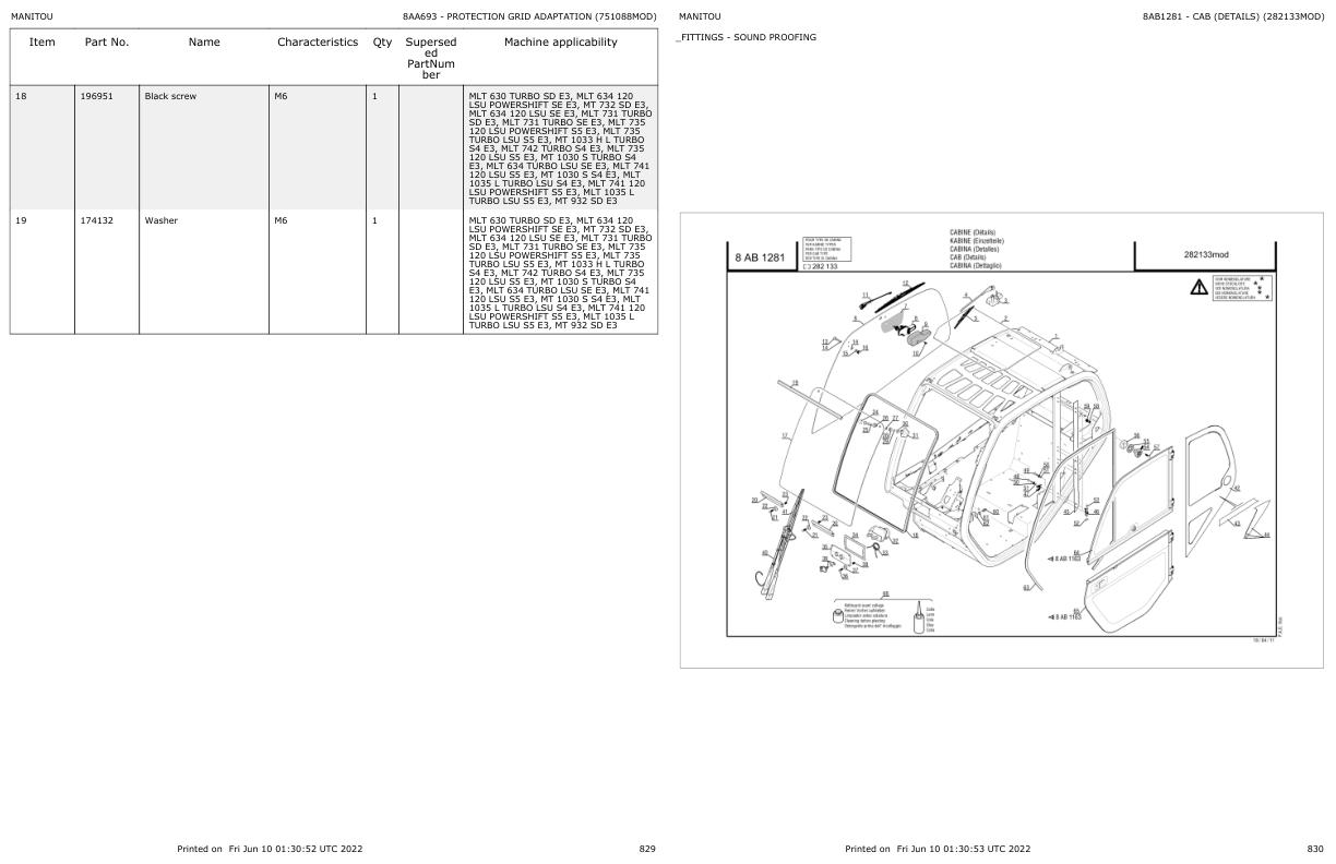 Manitou Telehandler MLT 634 120 LSU SE E3 Parts Catalog 647056