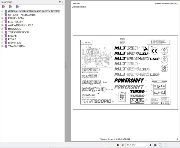 Manitou Telehandler MLT 634 120 LSU SF E3 Parts Catalog 647082