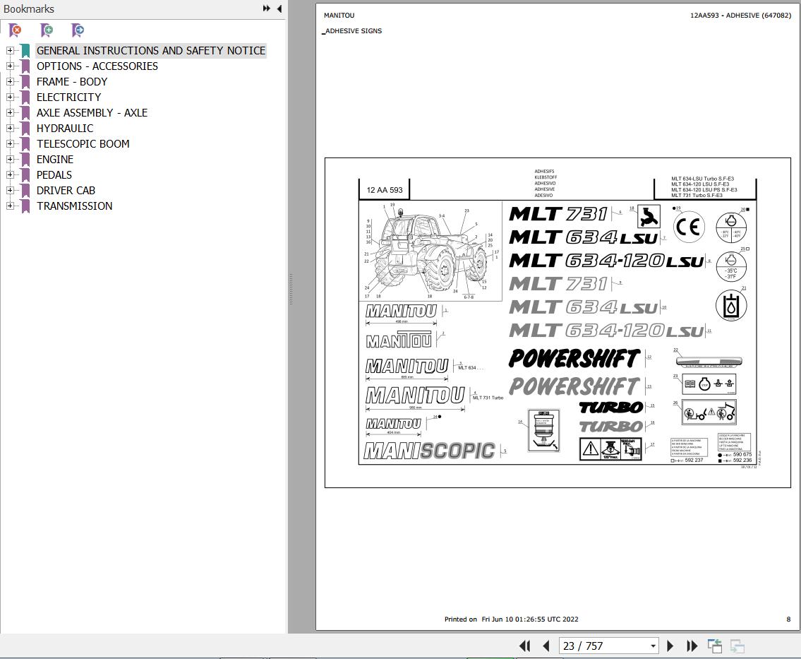 Manitou Telehandler MLT 634 120 LSU SF E3 Parts Catalog 647082