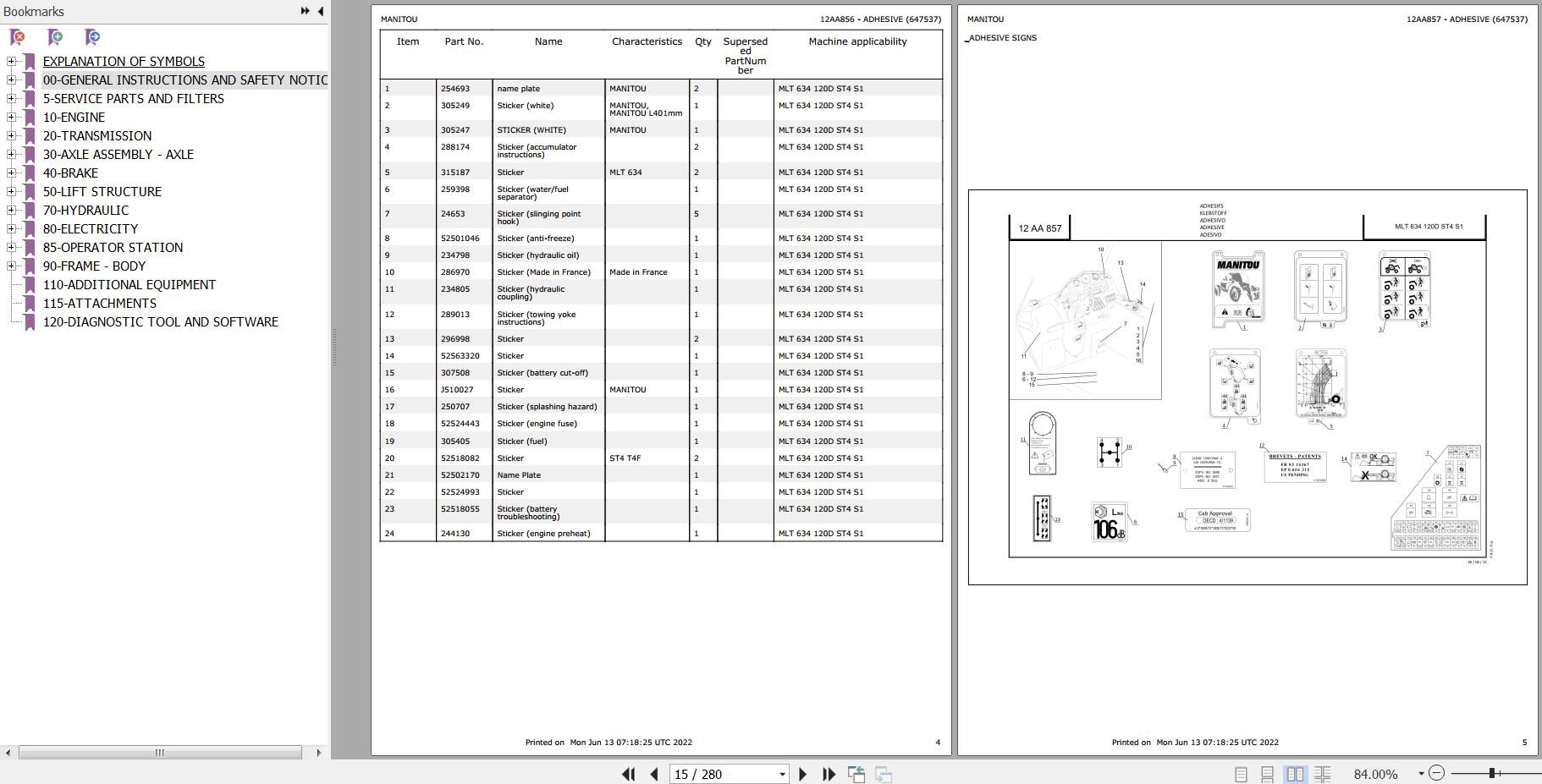 Manitou Telehandler MLT 634 120D ST4 S1 Parts Catalog 647537