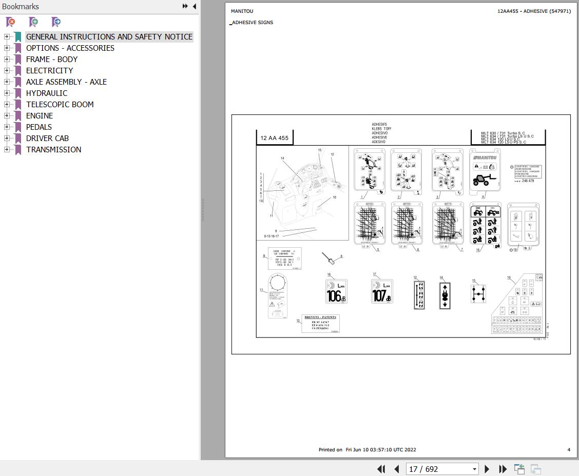 Manitou Telehandler MLT 634 TURBO LSU SC E2 Parts Catalog 547971