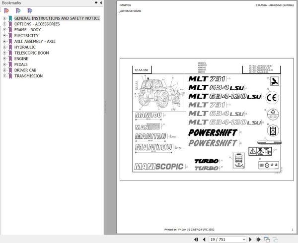 Manitou Telehandler MLT 634 TURBO LSU SE E3 Parts Catalog 647056