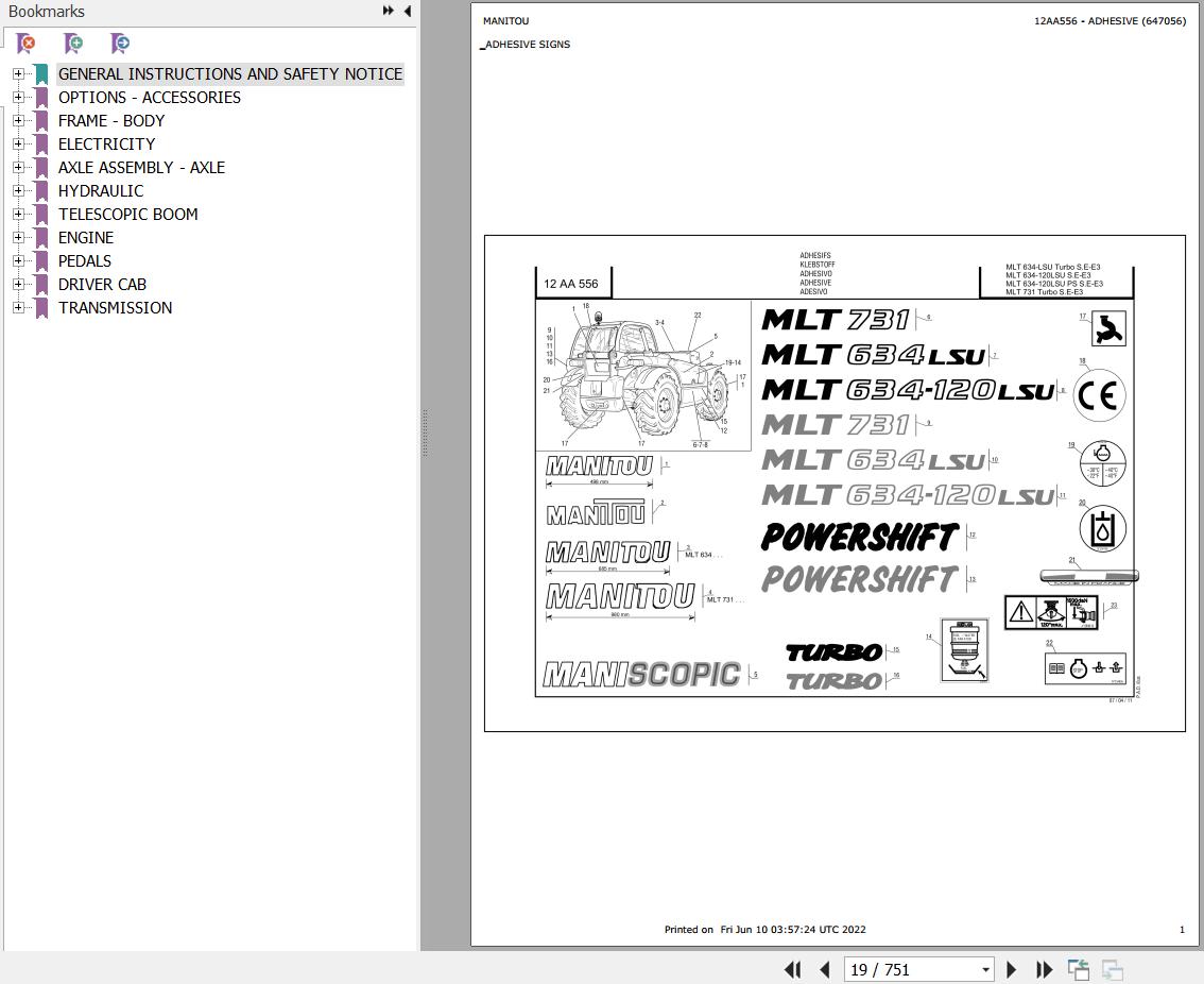 Manitou Telehandler MLT 634 TURBO LSU SE E3 Parts Catalog 647056