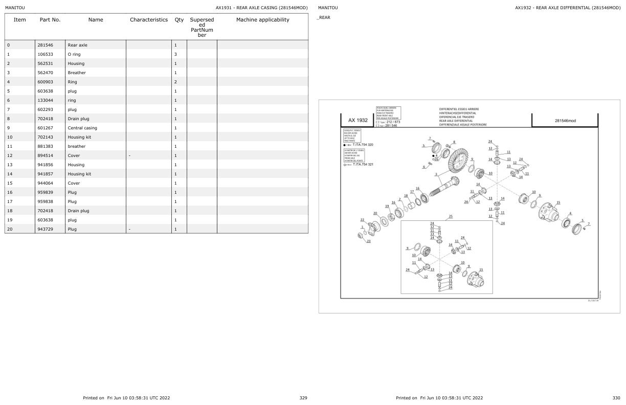 Manitou Telehandler MLT 634 TURBO LSU SE E3 Parts Catalog 647056