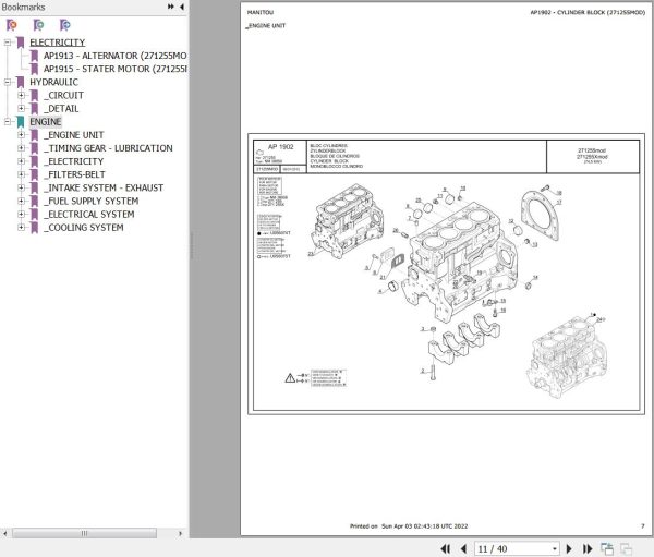 Manitou Telehandler MLT 634 TURBO SD E3 Parts Catalog 271255MOD