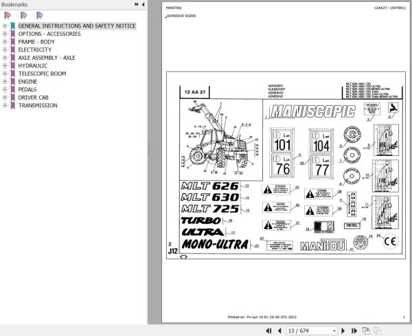 Manitou Telehandler MLT 725 TURBO MONO ULTRA S3 Parts Catalog 547001